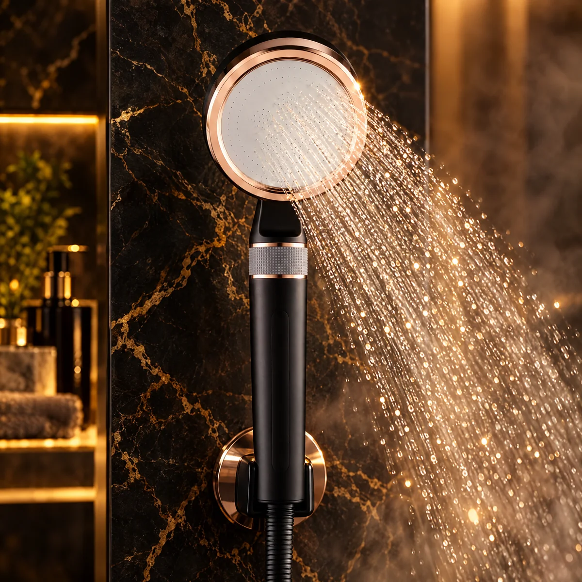 Black and rose gold Botanve shower head in a black marble bathroom