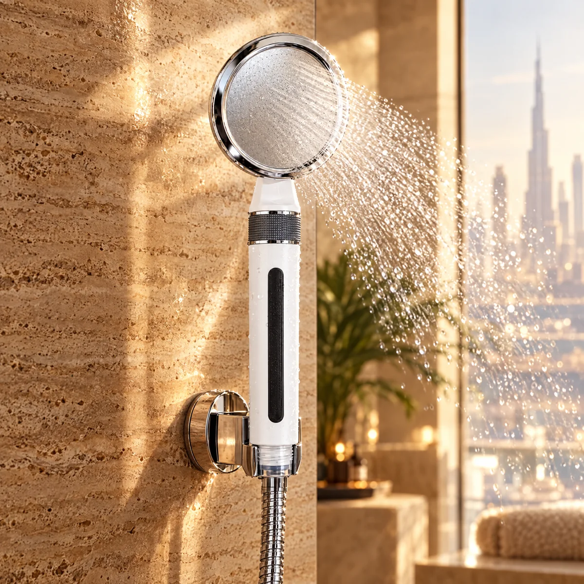 White and chrome Botanve shower head spraying water in a luxury Dubai bathroom
